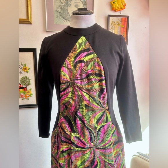 Vintage Late 60s/Early 70s Psychedelic Flocked Panel Gown with Stretch Bodice XL - Picture 3 of 7